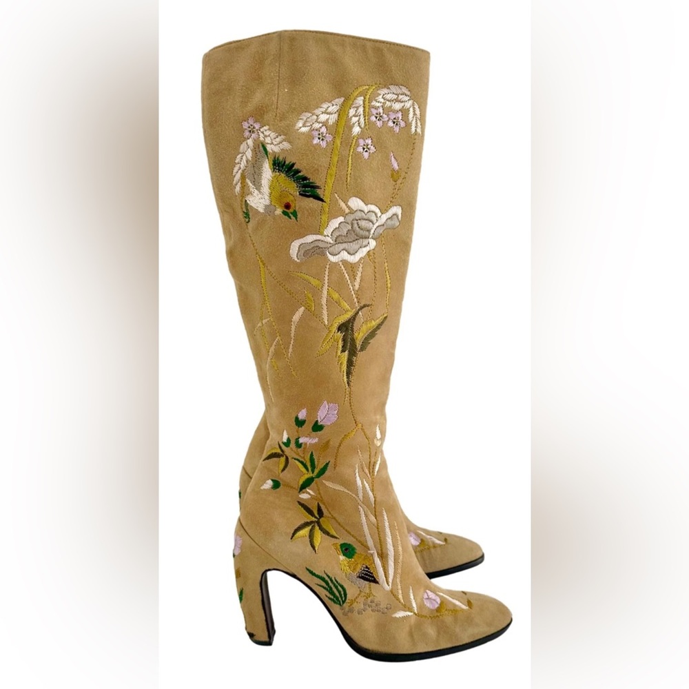Embroidered Tan Suede Boots